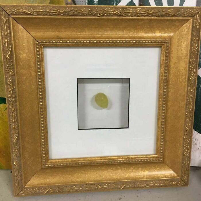 Found At A Thrift Store In Michigan - It's A Shadowbox Frame With A Single Rubber Grape Affixed In The Middle. Why On Earth? It Stayed In The Shop, Waiting For The Right Person Who Understands Its Value