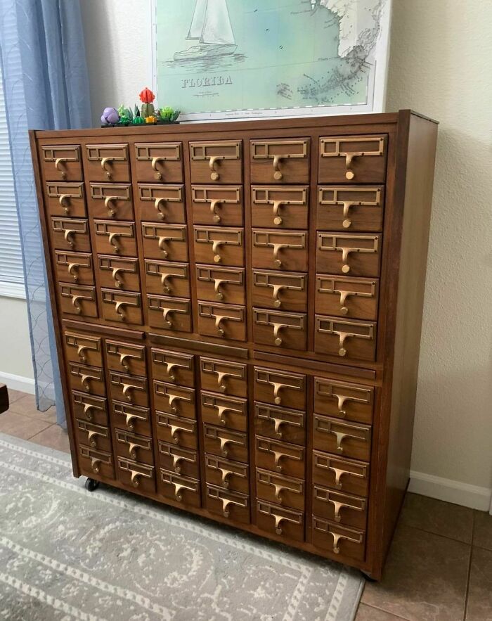 "This Wonderful Secondhand Find Is Courtesy Of Fb Marketplace Here In Missouri. The Lovely Couple I Bought It From Said It Originally Came From A Library In Fort Smith Ar. We Have Named It Dewy And Filled A Single Drawer With Ketchup Packets. Unsure Of What We Will Do With The Other 59 Drawers."