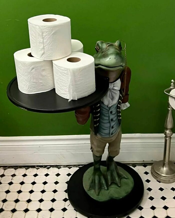 Picked Up This Dapper Guy Today From Our Local Buy And Sell, Set Him Up In Our Bathroom To Hold Extra Tp Then Waited For My Husband To Come Home 😂 Frog Butler, He’s So Fancy