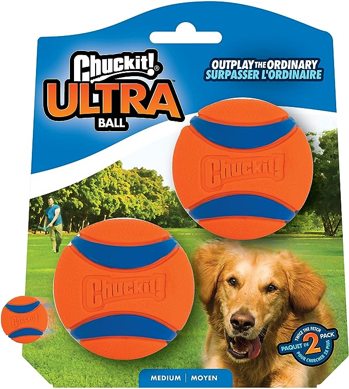 Chuckit! Ultra Ball, durable dog toy for tough chewers, in packaging with a happy dog in the background. Chuckit! Ultra Ball, durable dog toy for tough chewers, in packaging with a happy dog in the background.