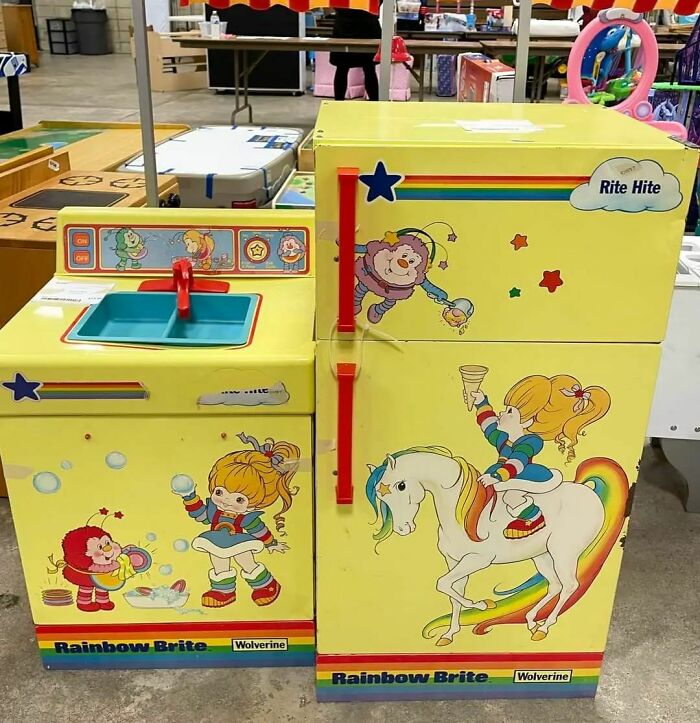 "Rainbow Brite Kitchen Set I Saw At A Kids Consignment Sale Today. I Loved Rainbow Brite When I Was Little, Made Me So Nostalgic! $25 And $35 For Each Piece. Seemed To Be Made Of Tin? Interesting!