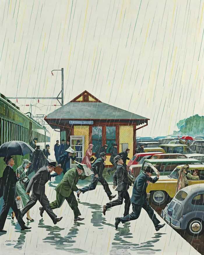 Commuters In The Rain, 1961. By John Philip Falter