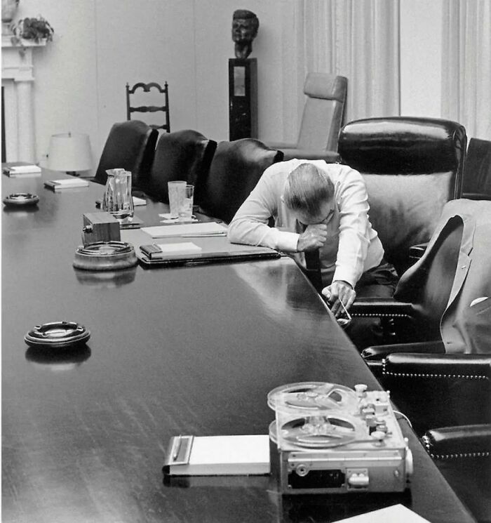 Lyndon Johnson Listening To A Tape From His Son-In-Law, Sent From Vietnam, 1968