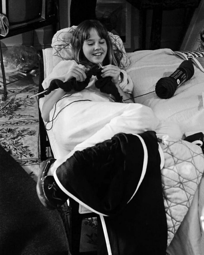 Linda Blair Passes The Time With A Bit Of Knitting In Between Takes Whilst Filming On The Set Of The Exorcist