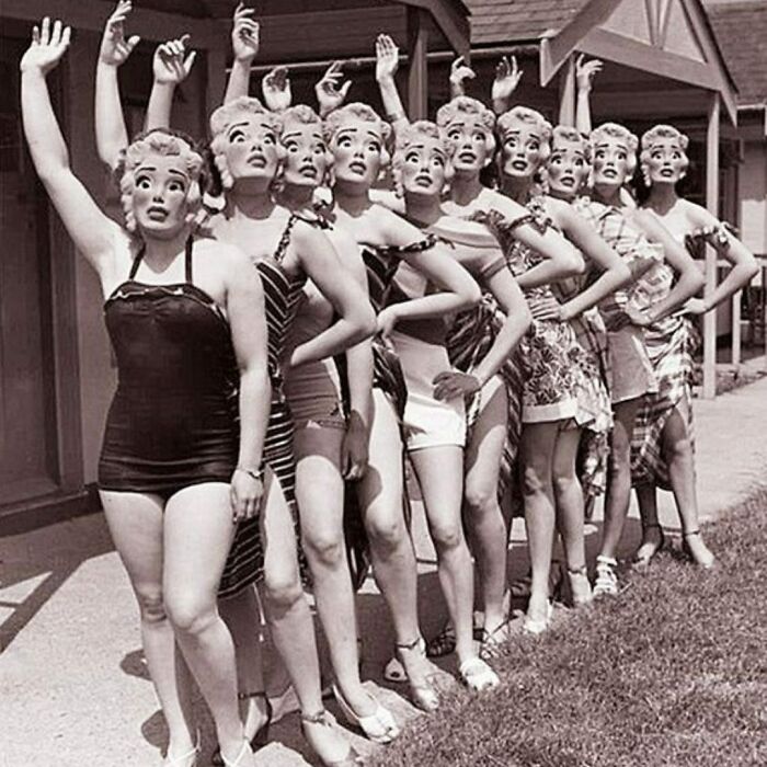 Women At Butlins Holiday Camp Wearing Marilyn Monroe Face Masks In Clacton-On-Sea, England, 1952