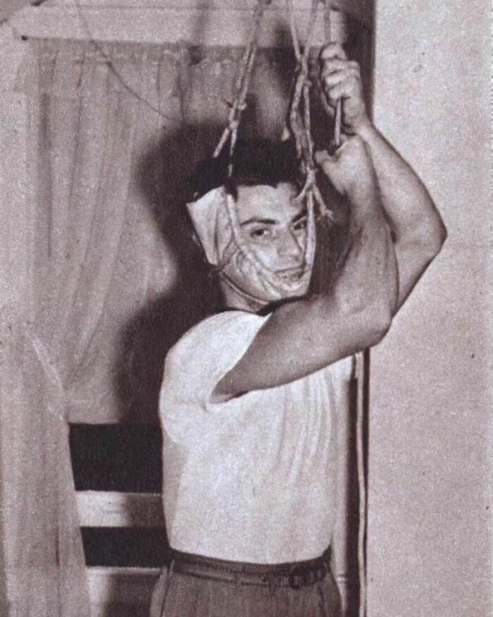 Gino Franceschini, New York City, Was Only 5 Feet 6-1/4 Inches Tall And Had To Be 5 Feet 7 Inches To Qualify As A Fireman. In 1941, He Made The Neck Stretcher Shown In The Photo. When Measured, He Still Lacked An Eighth Of An Inch. He Hit Himself On Head To Make A Bump—and Still Couldn’t Make It