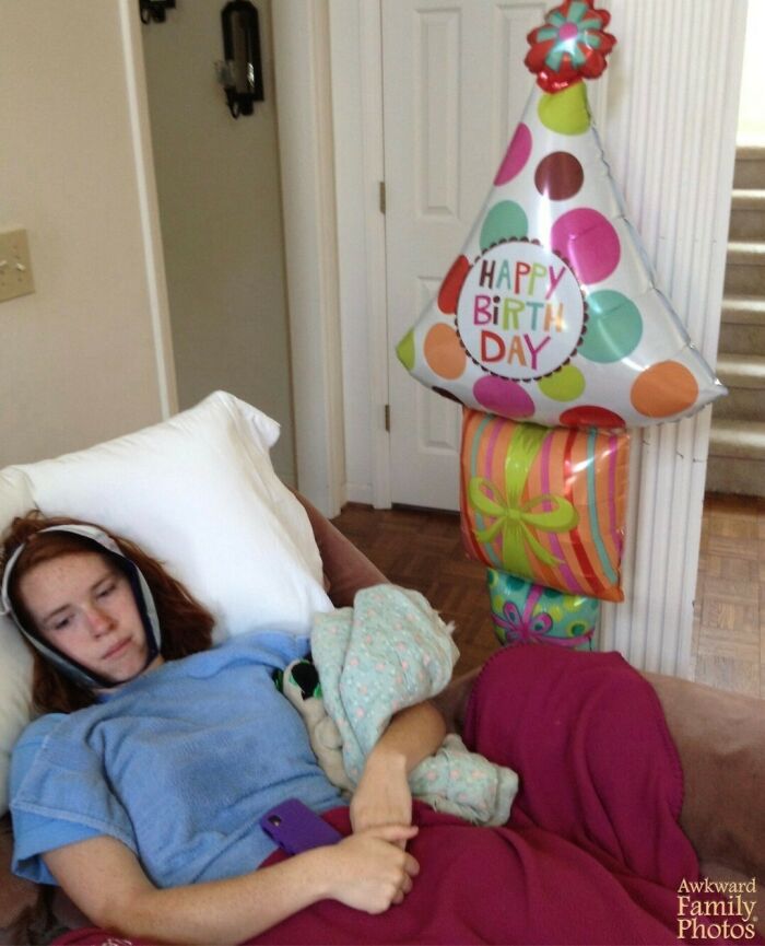 Our Loving Mother Scheduled Our Youngest Sister’s Wisdom Teeth Extraction On Her Sixteenth Birthday. Here She Is Celebrating Afterwards. Cake, Anyone?