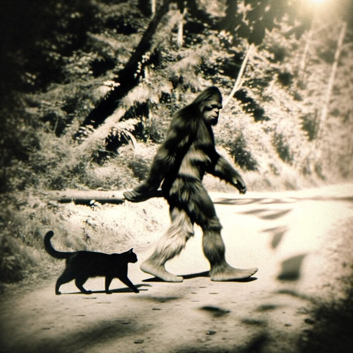 A Black Cat Strides Confidently Alongside Bigfoot, Their Bond Evident, In A Misty, Nostalgic Woodland Scene