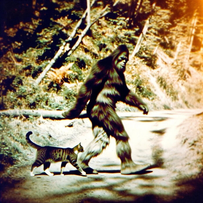 Dappled Light Filters Through Trees On A Tabby Cat And Bigfoot, Showcasing Their Camaraderie As They Explore Nature