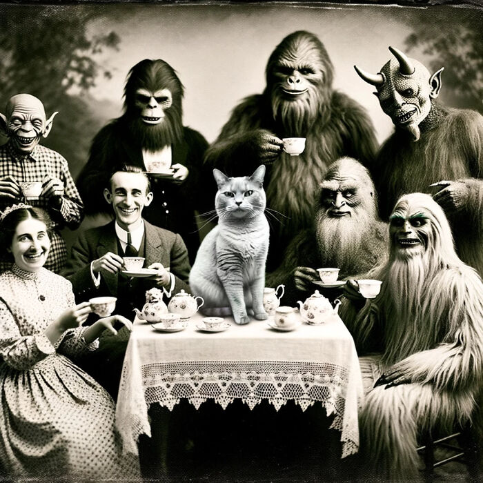 At A Charming Tea Party, A Content Cat Is Surrounded By Legendary Beings, Reflecting Old-Time Photo Warmth