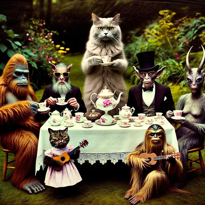A Cat Pours Tea For Eclectic Guests Including Bigfoot, Yeti, Loch Ness Monster, And More At A Whimsical Garden Party