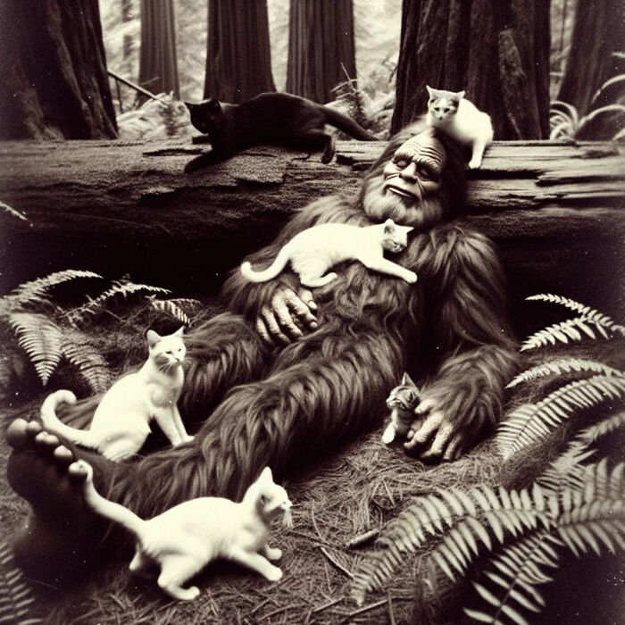 Bigfoot Lounges In The Redwoods, Embraced By Cats Who Snuggle And Playfully Frolic Around Him