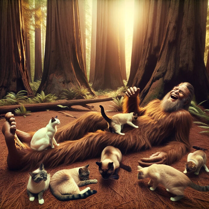 In A Redwood Forest, A Joyful Bigfoot Is Surrounded By Loving Cats Who Curl Up Against And Play With Him