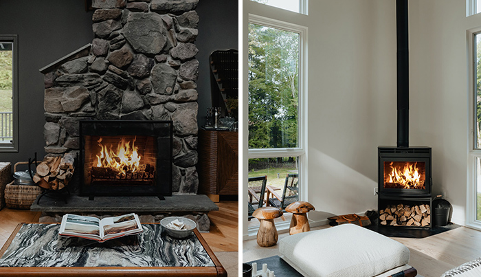Two images: a fireplace and a wood-burning stove