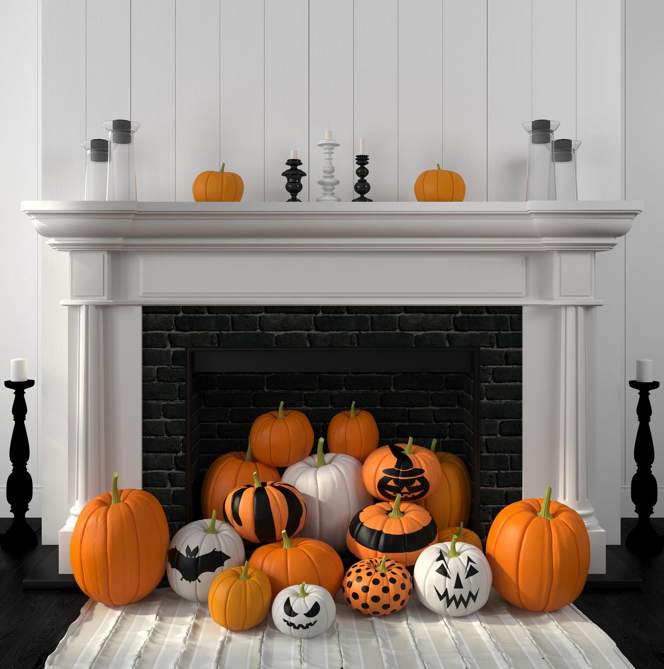 Fireplace with many colored pumpkins