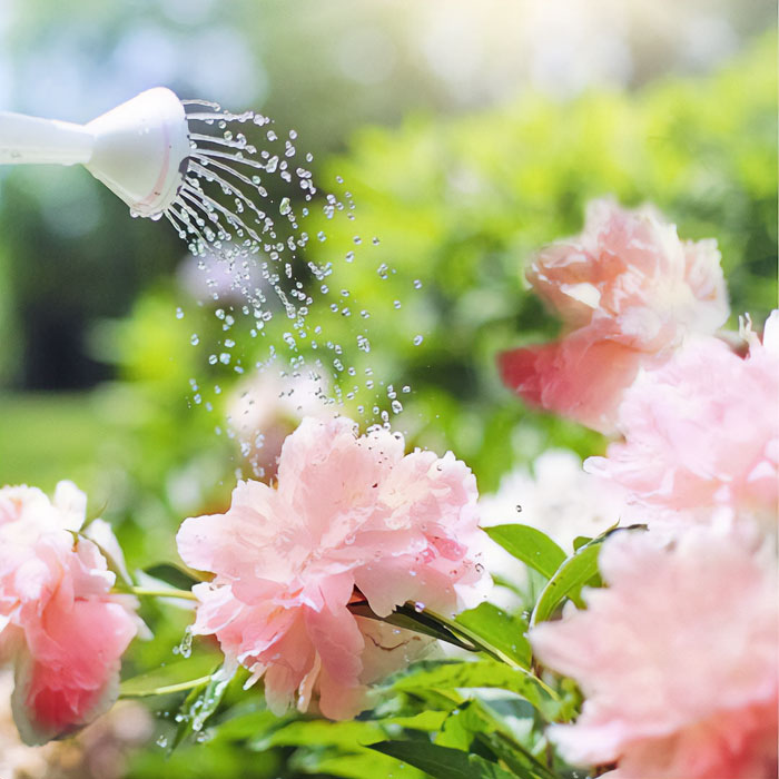 Person watering hollyhock flowers.