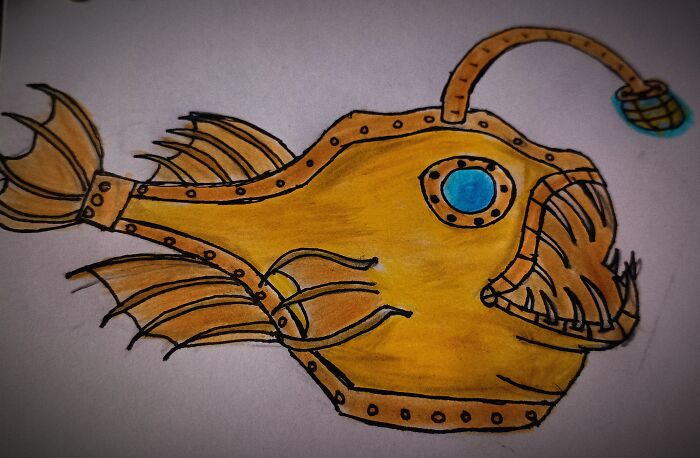 If My Submechanophobia Was A Mechanized Anglerfish. I've Tried Coloring On Paper, Because I Wanted To Give It A Shot, But It's Not Really My Specialty Lol. The Next Challenge I'll Probably Do Digital Art Instead