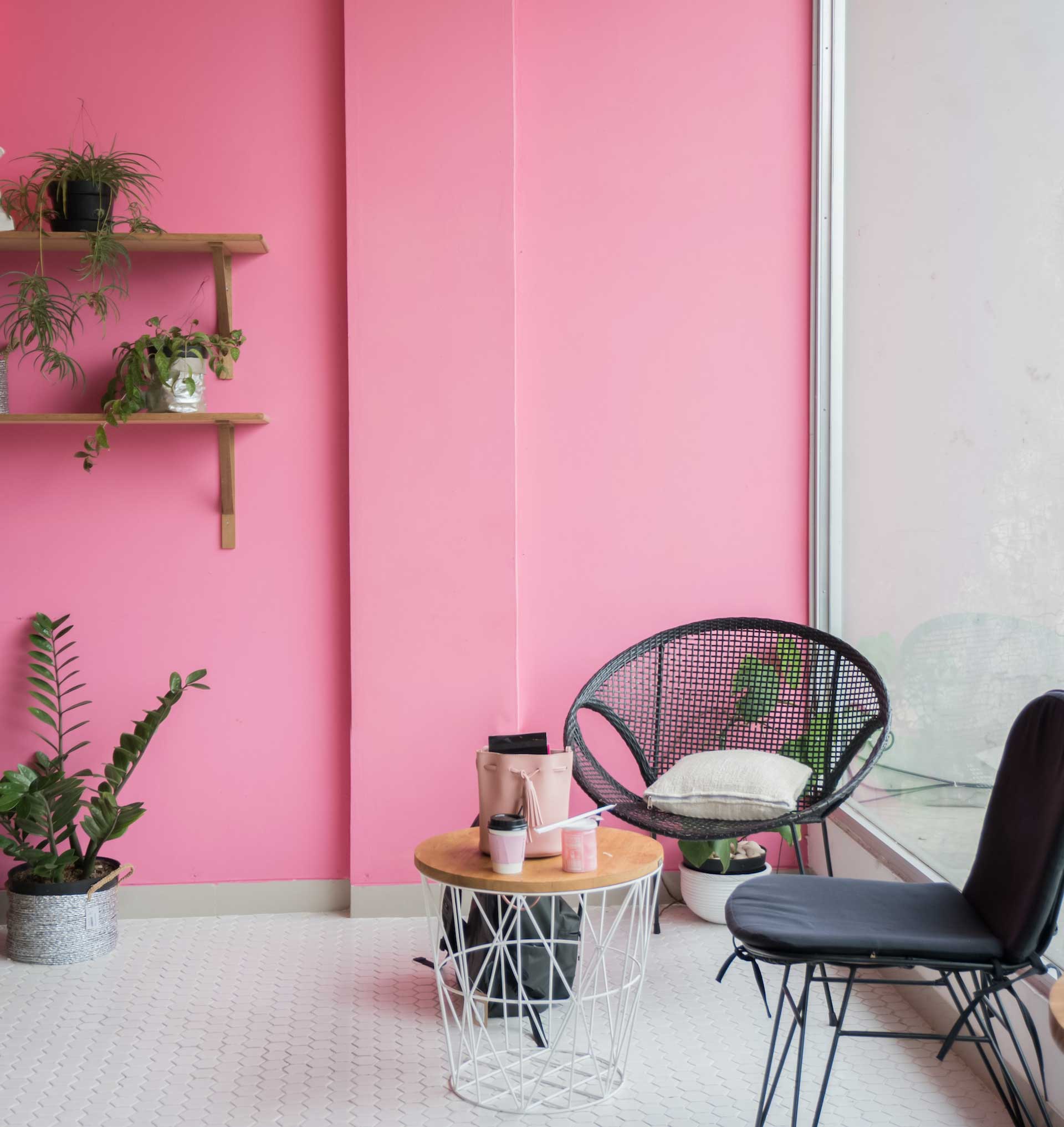 Spacious interior with pink wall, furniture and plants