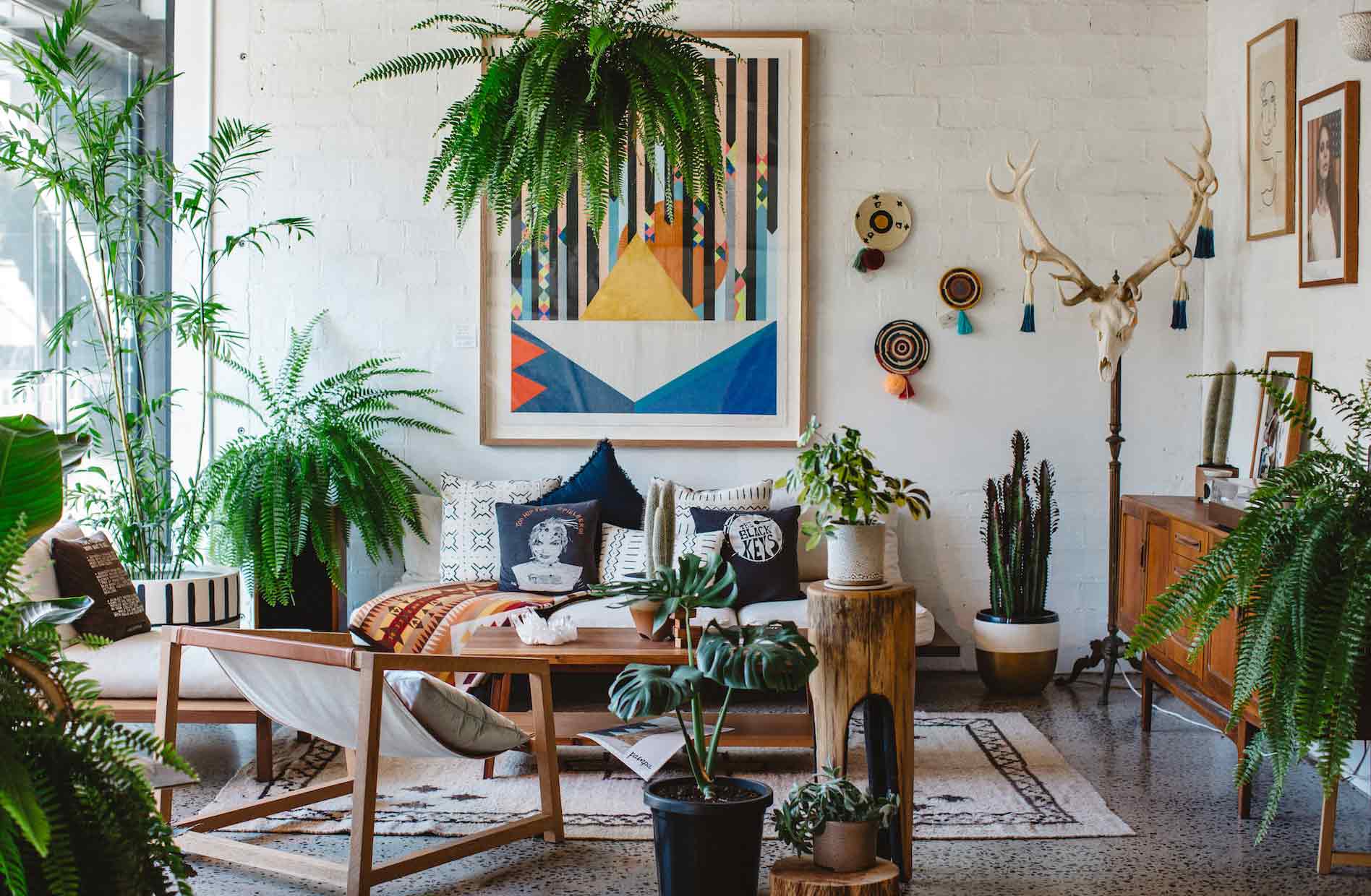 Spacious living room with wooden furniture, wall art, and many green plants