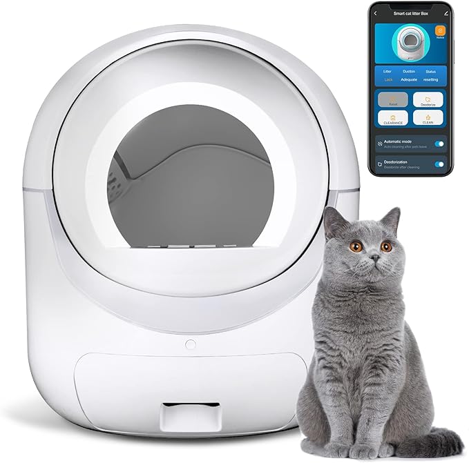 Smart litter box with a grey cat and control app, used to keep dogs away from litter box. Smart litter box with a grey cat and control app, used to keep dogs away from litter box.