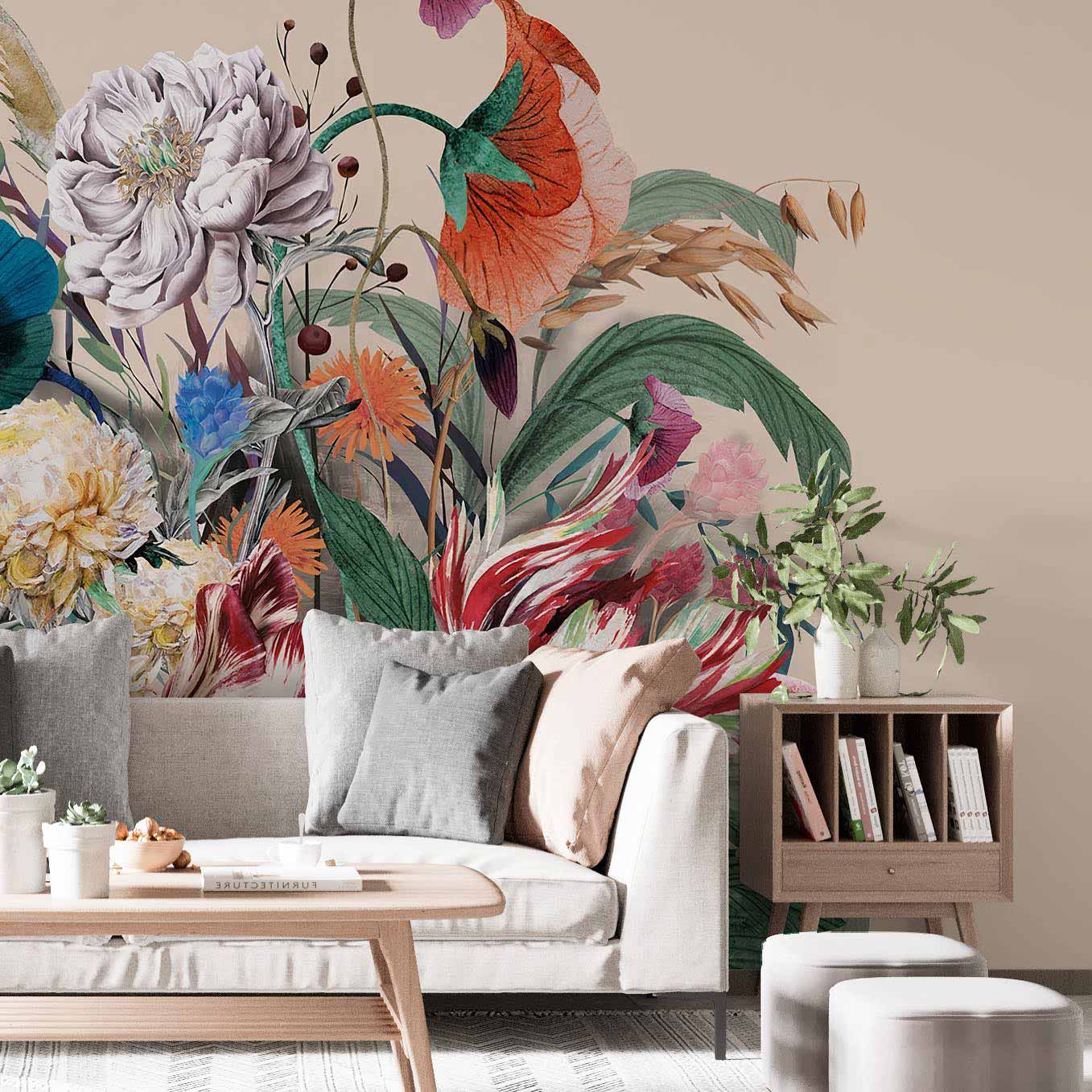 Living room with a light sofa, wooden furniture, and floral wall mural