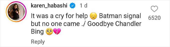 Social media comment mentioning Batman references, expressing sadness and saying goodbye to Chandler Bing. Social media comment mentioning Batman references, expressing sadness and saying goodbye to Chandler Bing.