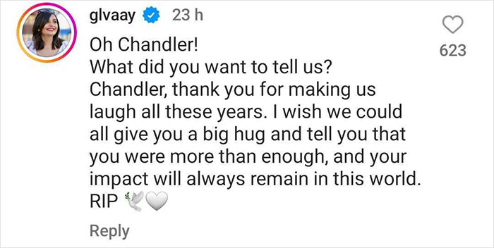 Tribute comment on social media referencing Matthew Perry's impact and Chandler character. Tribute comment on social media referencing Matthew Perry's impact and Chandler character.