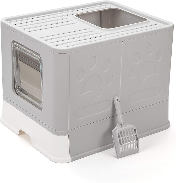 Gray litter box with a paw print design and scoop, designed to keep dogs out. Gray litter box with a paw print design and scoop, designed to keep dogs out.