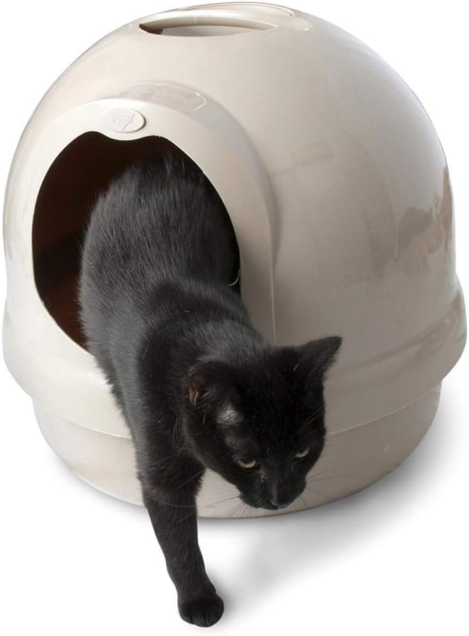 Black cat exiting a dome-shaped litter box. Black cat exiting a dome-shaped litter box.