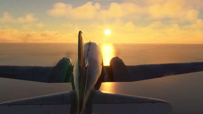 A Douglass Dc-3 Flying Over The Ocean At Sunset