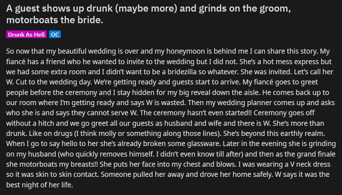 A Guest Shows Up Drunk (Maybe More) And Grinds On The Groom, Motorboats The Bride