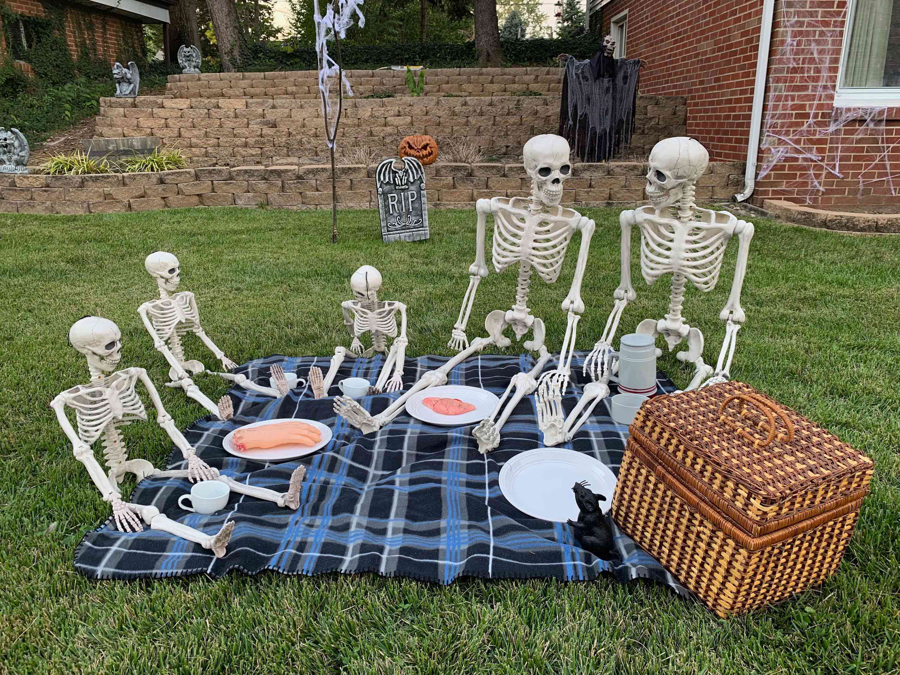 The Skeleton family is having a picnic in the yard