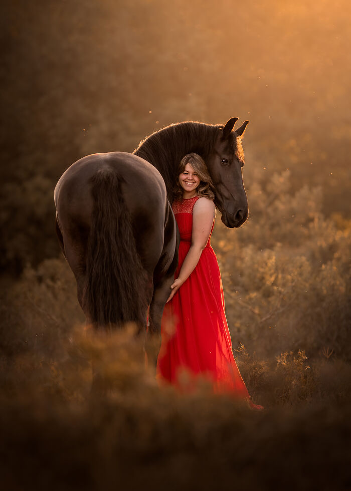Red dress woman and her horse