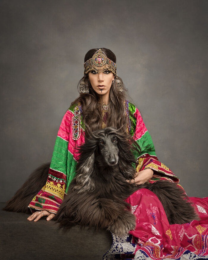 Oriental photo of a woman and her dog