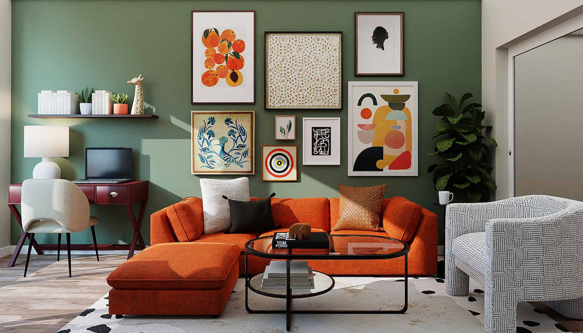 Spacious living room with a large orange sofa and many vibrant pictures on the wall