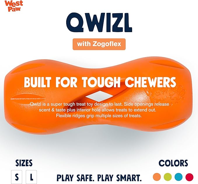 Orange West Paw dog toy designed for tough chewers, featuring durable Zogoflex material with treat openings and grip ridges. Orange West Paw dog toy designed for tough chewers, featuring durable Zogoflex material with treat openings and grip ridges.