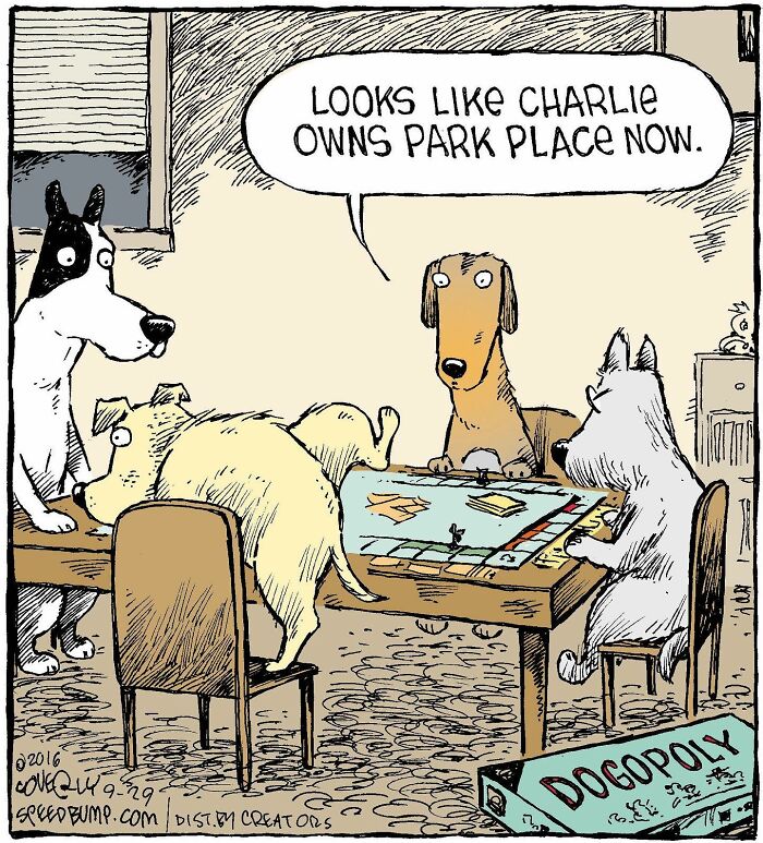 One-Panel Comic About Dogs Playing Monopoly By Dave Coverly