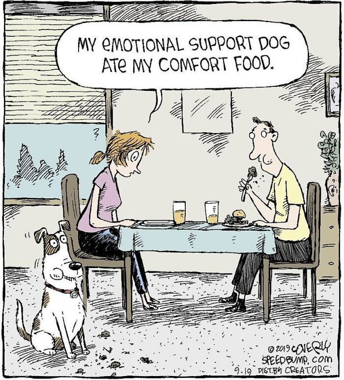 One-Panel Comic About Emotional Support Dog Eating Comfort Food By Dave Coverly