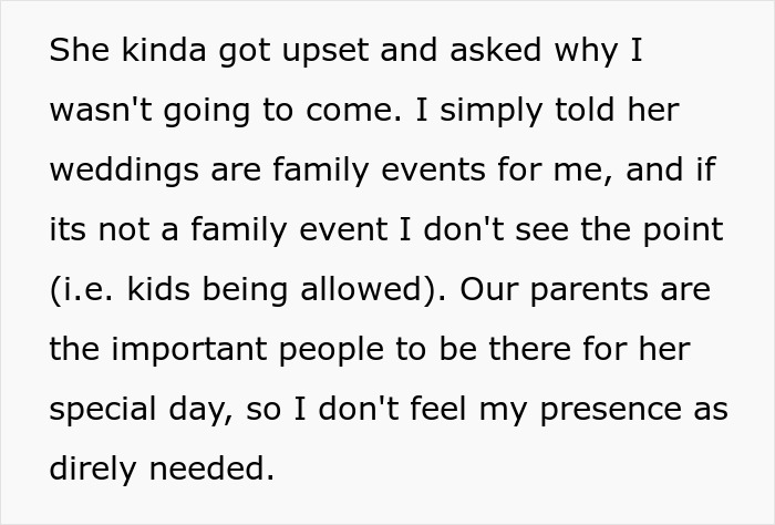 Woman Announces She Won't Attend Sister's Childfree Wedding, Fails To See Her Entitlement Woman Announces She Won't Attend Sister's Childfree Wedding, Fails To See Her Entitlement