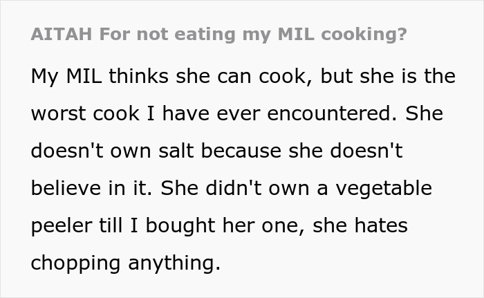 Couple Decides To No Longer Eat MIL's Food Because She's A Terrible Cook, She Gets Offended Couple Decides To No Longer Eat MIL's Food Because She's A Terrible Cook, She Gets Offended