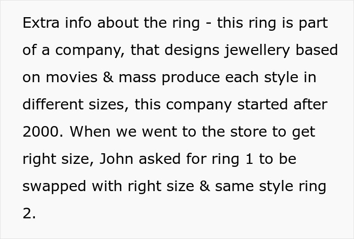 Text explaining details about a company making movie-inspired rings and exchanging ring sizes for the family heirloom case. Text explaining details about a company making movie-inspired rings and exchanging ring sizes for the family heirloom case.