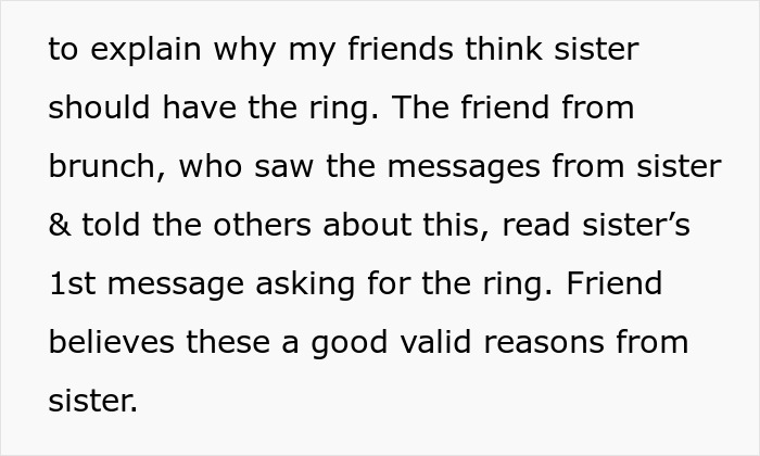Text excerpt discussing friends' opinions on a family heirloom ring and messages about returning it. Text excerpt discussing friends' opinions on a family heirloom ring and messages about returning it.