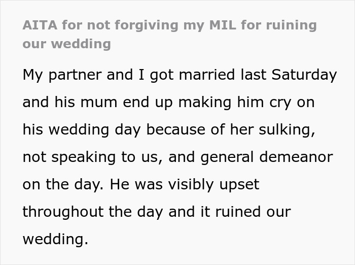 Bride Considers Going No-Contact With MIL After She Selfishly Ruined Their Wedding Day Bride Considers Going No-Contact With MIL After She Selfishly Ruined Their Wedding Day