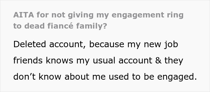 Text post about a fiancé family dispute over a family heirloom after the son’s passing, shared anonymously online. Text post about a fiancé family dispute over a family heirloom after the son’s passing, shared anonymously online.