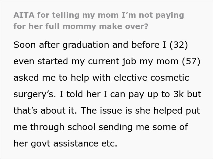 Mom Expects Daughter To Pay For Her Plastic Surgery, Tries Gaslighting Her After Being Told 'No' Mom Expects Daughter To Pay For Her Plastic Surgery, Tries Gaslighting Her After Being Told 'No'