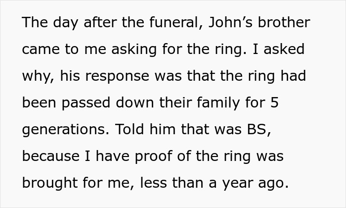 Text excerpt describing a family dispute over a supposed heirloom ring passed down for generations. Text excerpt describing a family dispute over a supposed heirloom ring passed down for generations.