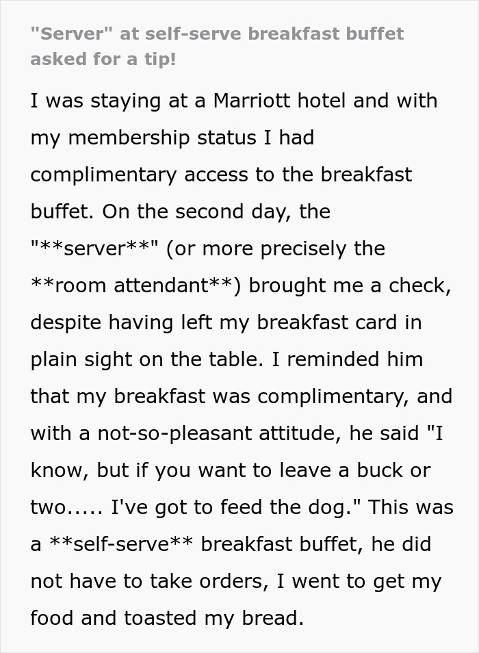 Hotel Guest Got Breakfast At Self-Serve Buffet But Left Worker Visibly Irritated By Not Tipping Hotel Guest Got Breakfast At Self-Serve Buffet But Left Worker Visibly Irritated By Not Tipping