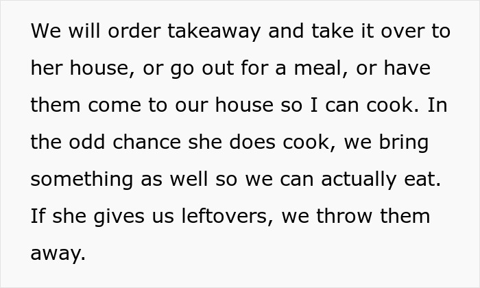 Couple Decides To No Longer Eat MIL's Food Because She's A Terrible Cook, She Gets Offended Couple Decides To No Longer Eat MIL's Food Because She's A Terrible Cook, She Gets Offended