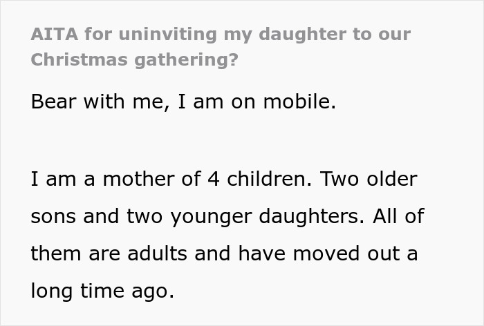 Woman Thinks Mom Is Wrong For Uninviting Her From Christmas Because Of Dating Sister’s Husband Woman Thinks Mom Is Wrong For Uninviting Her From Christmas Because Of Dating Sister’s Husband