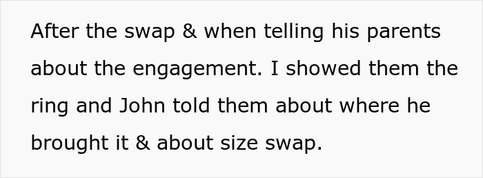 Text showing a family discussing an engagement ring and a size swap regarding a family heirloom dispute. Text showing a family discussing an engagement ring and a size swap regarding a family heirloom dispute.